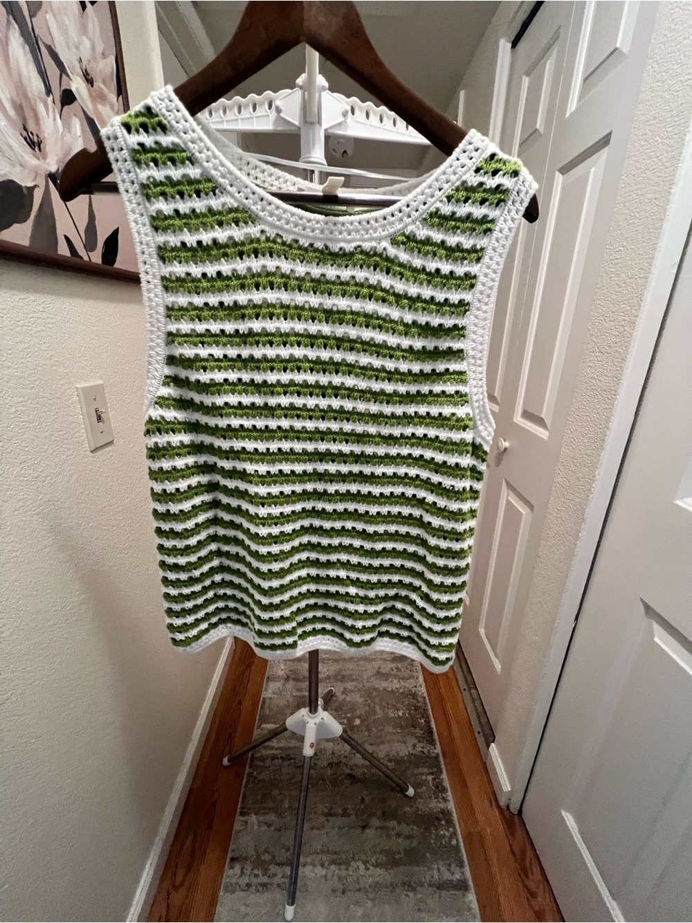 Jessica Simpson Green and White Crochet Stripe Tank